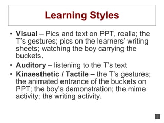 Learning Styles Visual  – Pics and text on PPT, realia; the T’s gestures; pics on the learners’ writing sheets; watching the boy carrying the buckets. Auditory  – listening to the T’s text Kinaesthetic / Tactile –  the T’s gestures; the animated entrance of the buckets on PPT; the boy’s demonstration; the mime activity; the writing activity. 