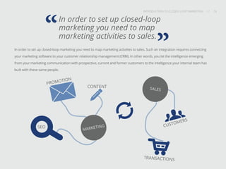 INTRODUCTION TO CLOSED-LOOP MARKETING 16
Share This
INTRODUCTION TO CLOSED LOOP MARKETING / / 16
In order to set up closed-loop marketing you need to map marketing activities to sales. Such an integration requires connecting
your marketing software to your customer relationship management (CRM). In other words, you tie the intelligence emerging
from your marketing communication with prospective, current and former customers to the intelligence your internal team has
built with these same people.
In order to set up closed-loop
marketing you need to map
marketing activities to sales.“
”
PROMOTION
CONTENT
SEO
TRANSACTIONS
SALES
CUSTOMERS
MARKETING
 