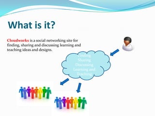 What is it?
Cloudworks is a social networking site for
finding, sharing and discussing learning and
teaching ideas and designs.
                                           Finding
                                           Sharing
                                         Discussing
                                        Learning and
                                          Teaching
 