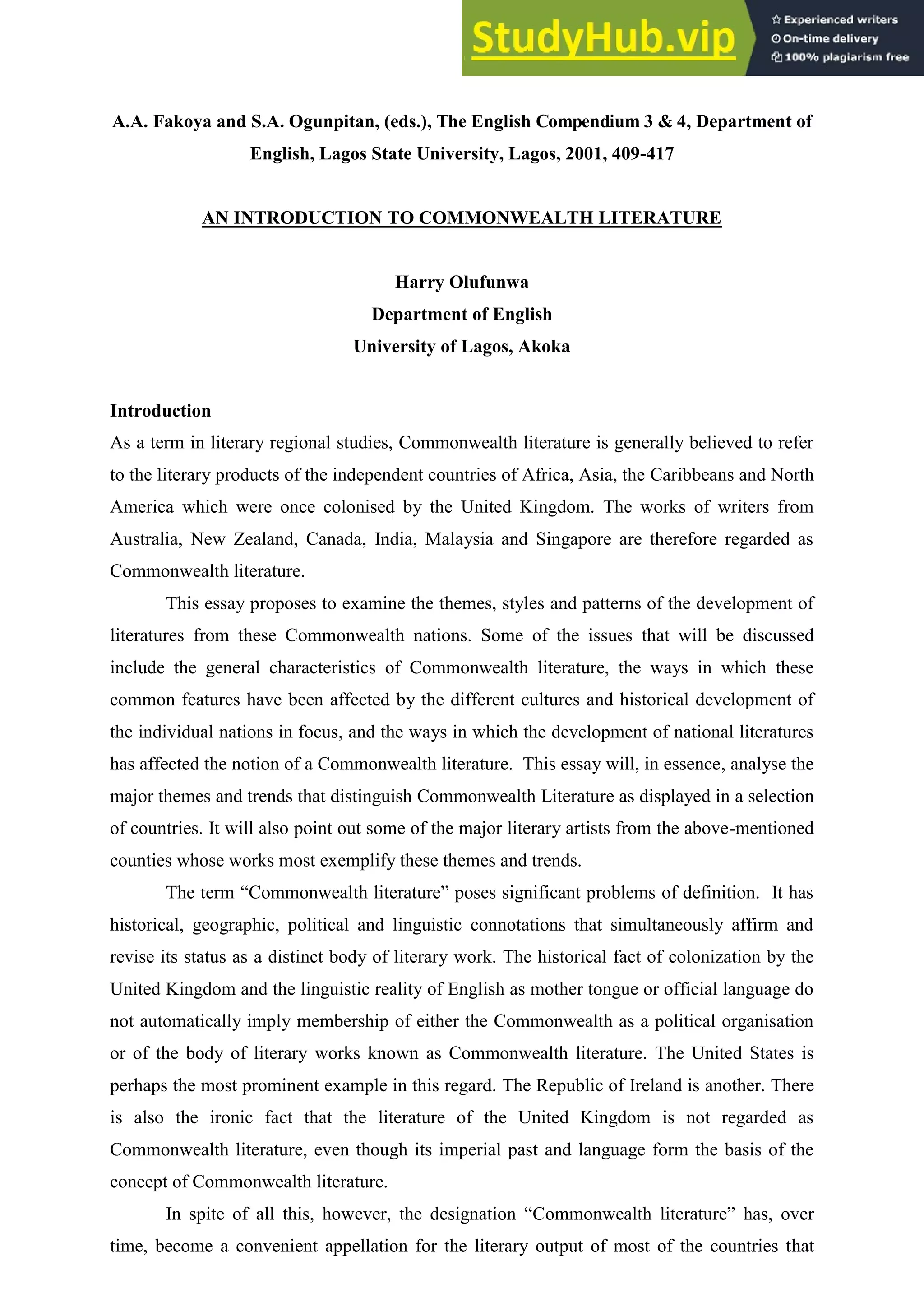 An Introduction To Commonwealth Literature | PDF