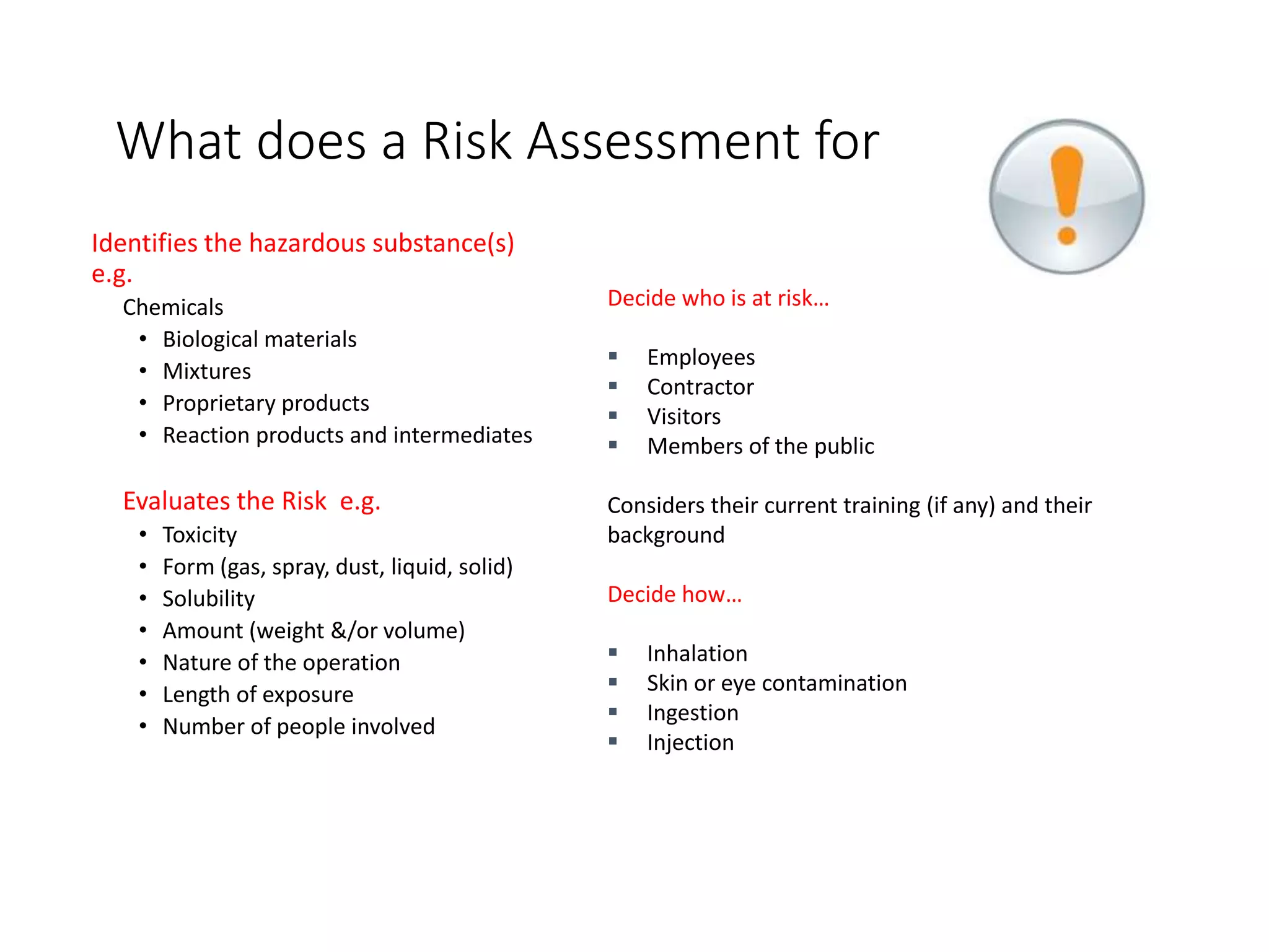 What does a Risk Assessment for CoSHH do?
Identifies the hazardous substance(s)
e.g.
Chemicals
• Biological materials
• Mixtures
• Proprietary products
• Reaction products and intermediates
Evaluates the Risk e.g.
• Toxicity
• Form (gas, spray, dust, liquid, solid)
• Solubility
• Amount (weight &/or volume)
• Nature of the operation
• Length of exposure
• Number of people involved
Decide who is at risk…
 Employees
 Contractor
 Visitors
 Members of the public
Considers their current training (if any) and their
background
Decide how…
 Inhalation
 Skin or eye contamination
 Ingestion
 Injection
 
