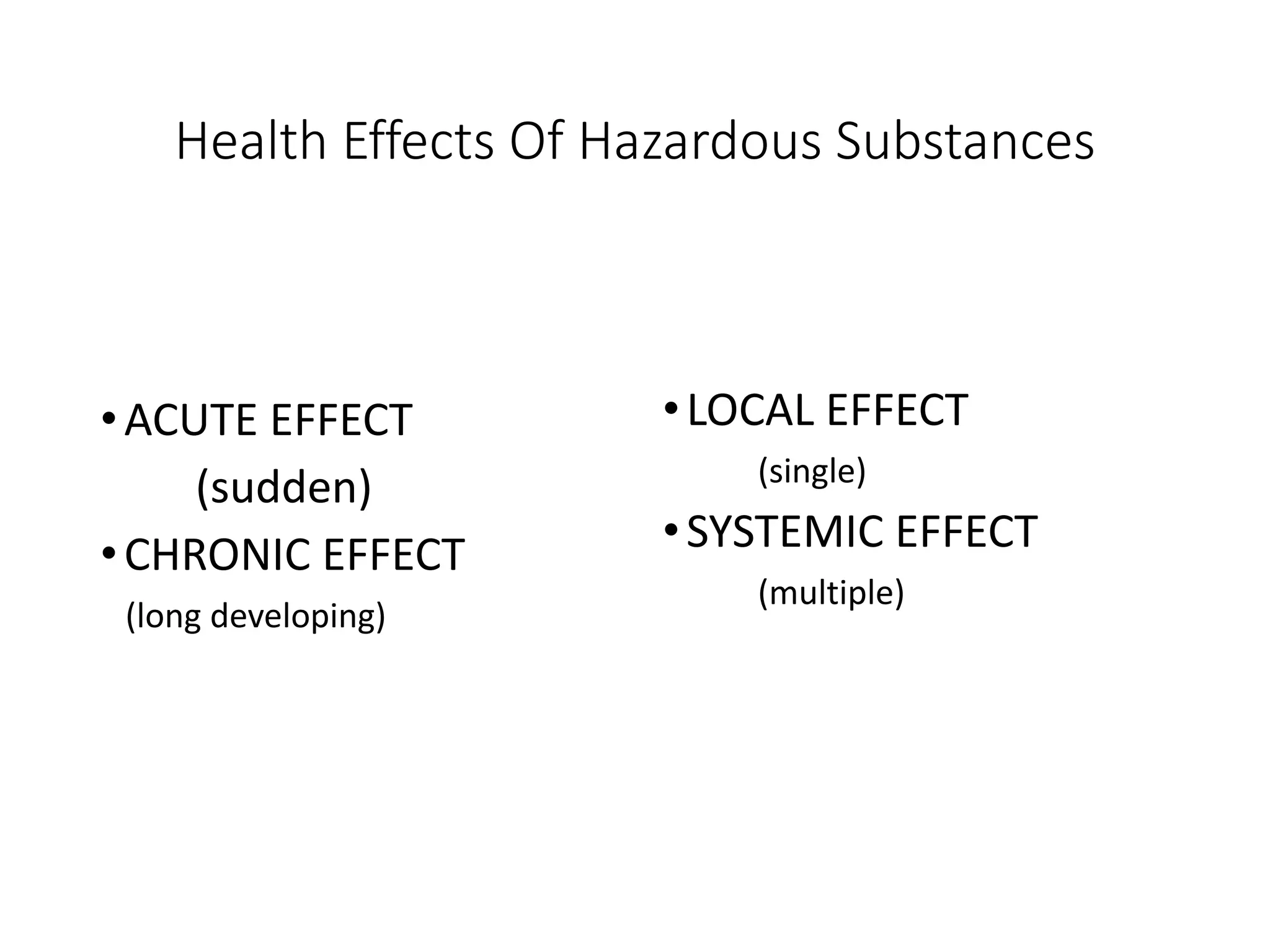 Health Effects Of Hazardous Substances
•ACUTE EFFECT
(sudden)
•CHRONIC EFFECT
(long developing)
•LOCAL EFFECT
(single)
•SYSTEMIC EFFECT
(multiple)
 