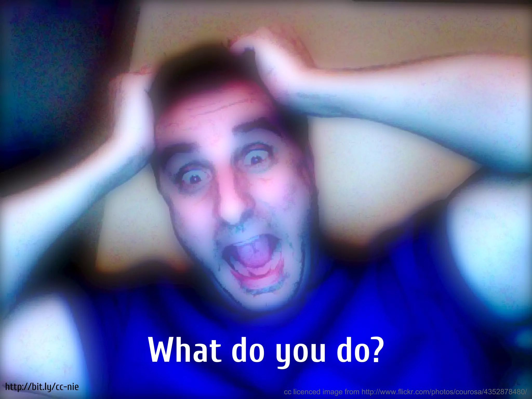 What do you do?
                  (Reply in the backchannel!)
http://bit.ly/cc-nie            cc licenced image from http://www.flickr.com/photos/courosa/4352878480/
 
