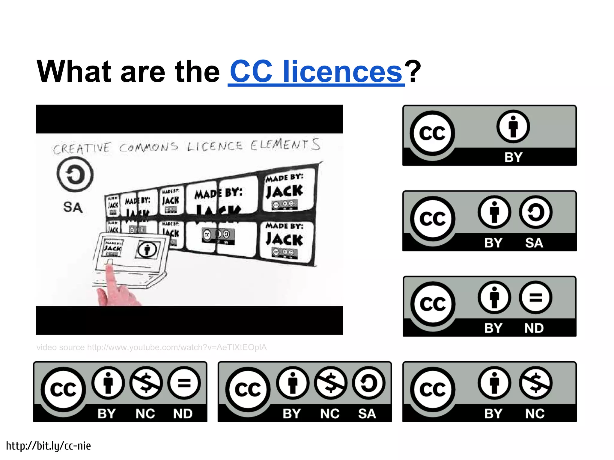 What are the CC licences?




       video source http://www.youtube.com/watch?v=AeTlXtEOplA




http://bit.ly/cc-nie
 