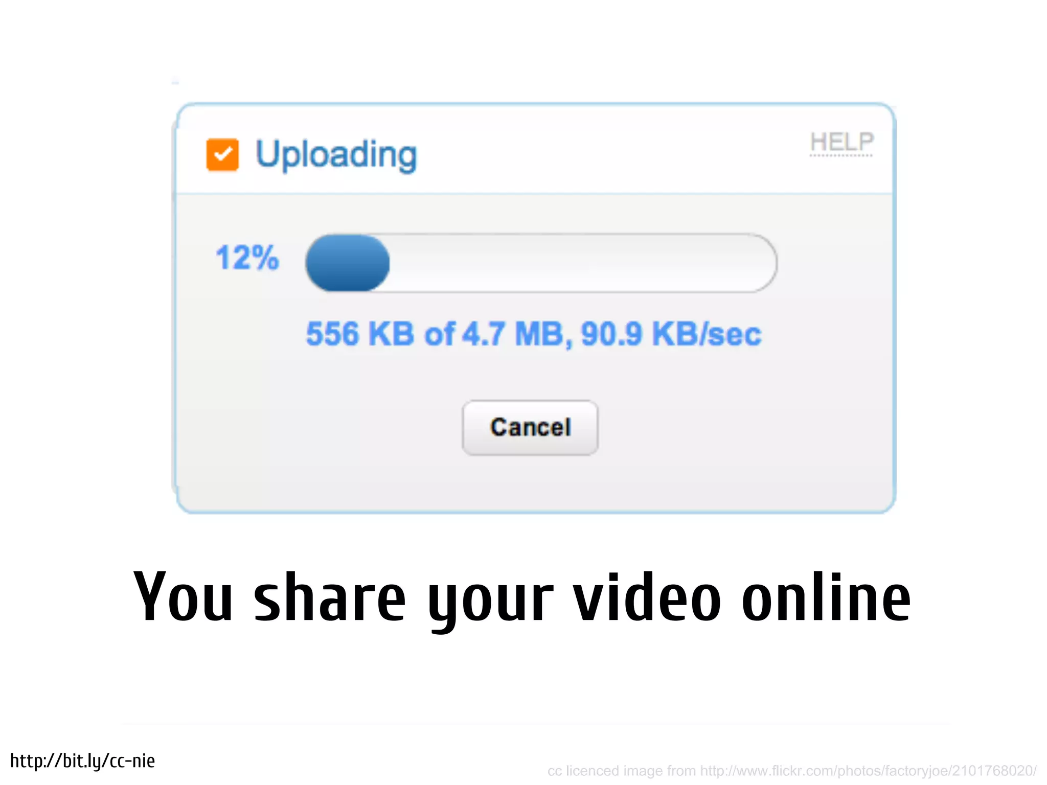 You share your video online

http://bit.ly/cc-nie          cc licenced image from http://www.flickr.com/photos/factoryjoe/2101768020/
 