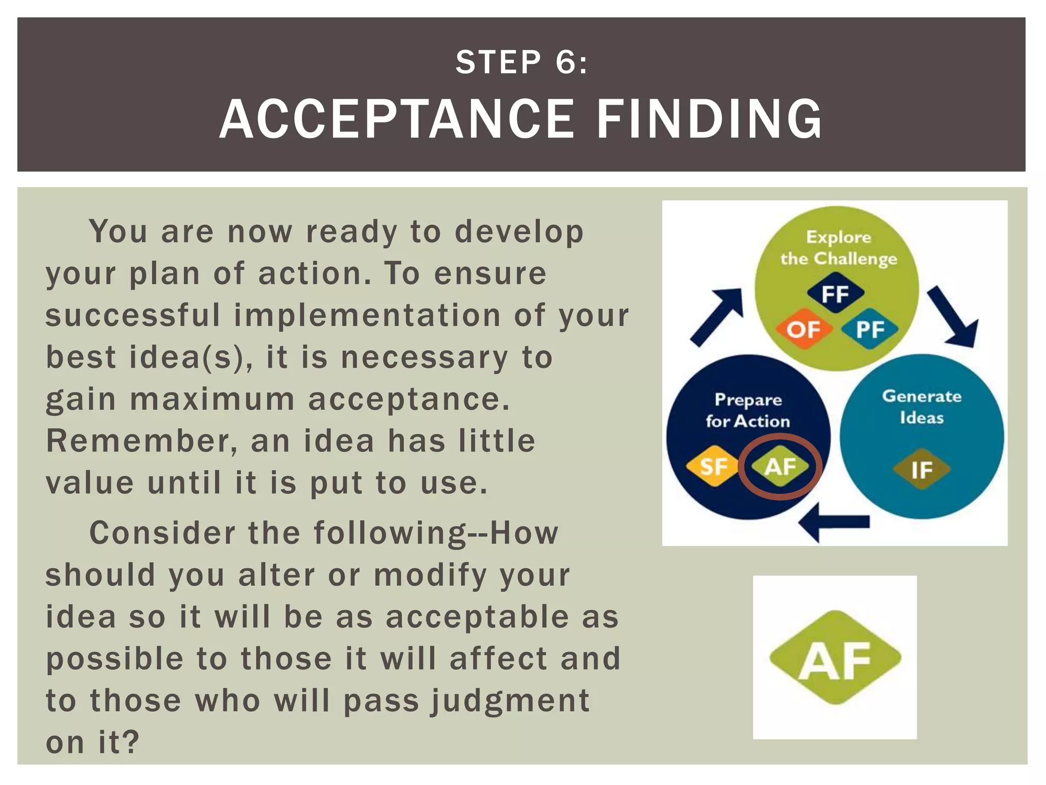 STEP 6: 
ACCEPTANCE FINDING 
You are now ready to develop 
your plan of action. To ensure 
successful implementation of your 
best idea(s), it is necessary to 
gain maximum acceptance. 
Remember, an idea has little 
value until it is put to use. 
Consider the following--How 
should you alter or modify your 
idea so it will be as acceptable as 
possible to those it will af fect and 
to those who will pass judgment 
on it? 
 