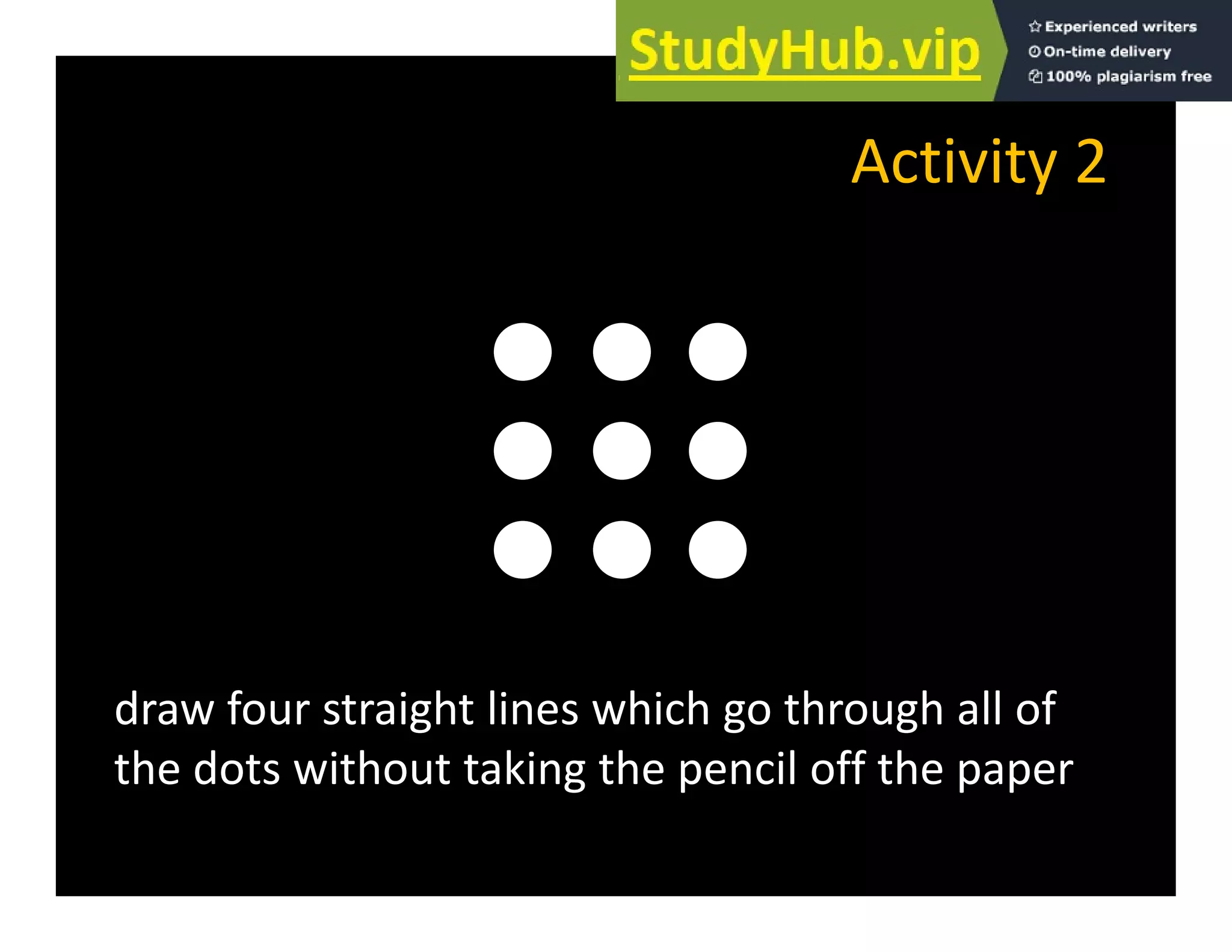 Activity 2
Activity 2
draw four straight lines which go through all of
the dots without taking the pencil off the paper
the dots without taking the pencil off the paper
 