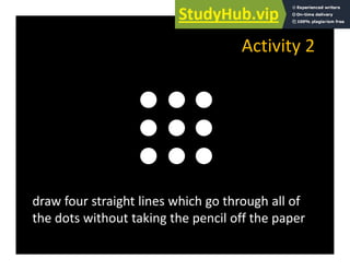 Activity 2
Activity 2
draw four straight lines which go through all of
the dots without taking the pencil off the paper
the dots without taking the pencil off the paper
 