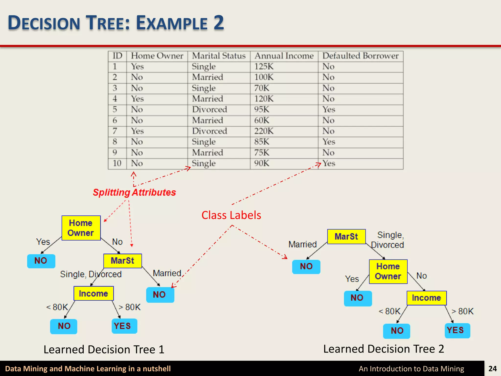 DECISION TREE: EXAMPLE 2




                                                 Class Labels




          Learned Decision Tree 1                               Learned Decision Tree 2
Data Mining and Machine Learning in a nutshell                        An Introduction to Data Mining   24
 