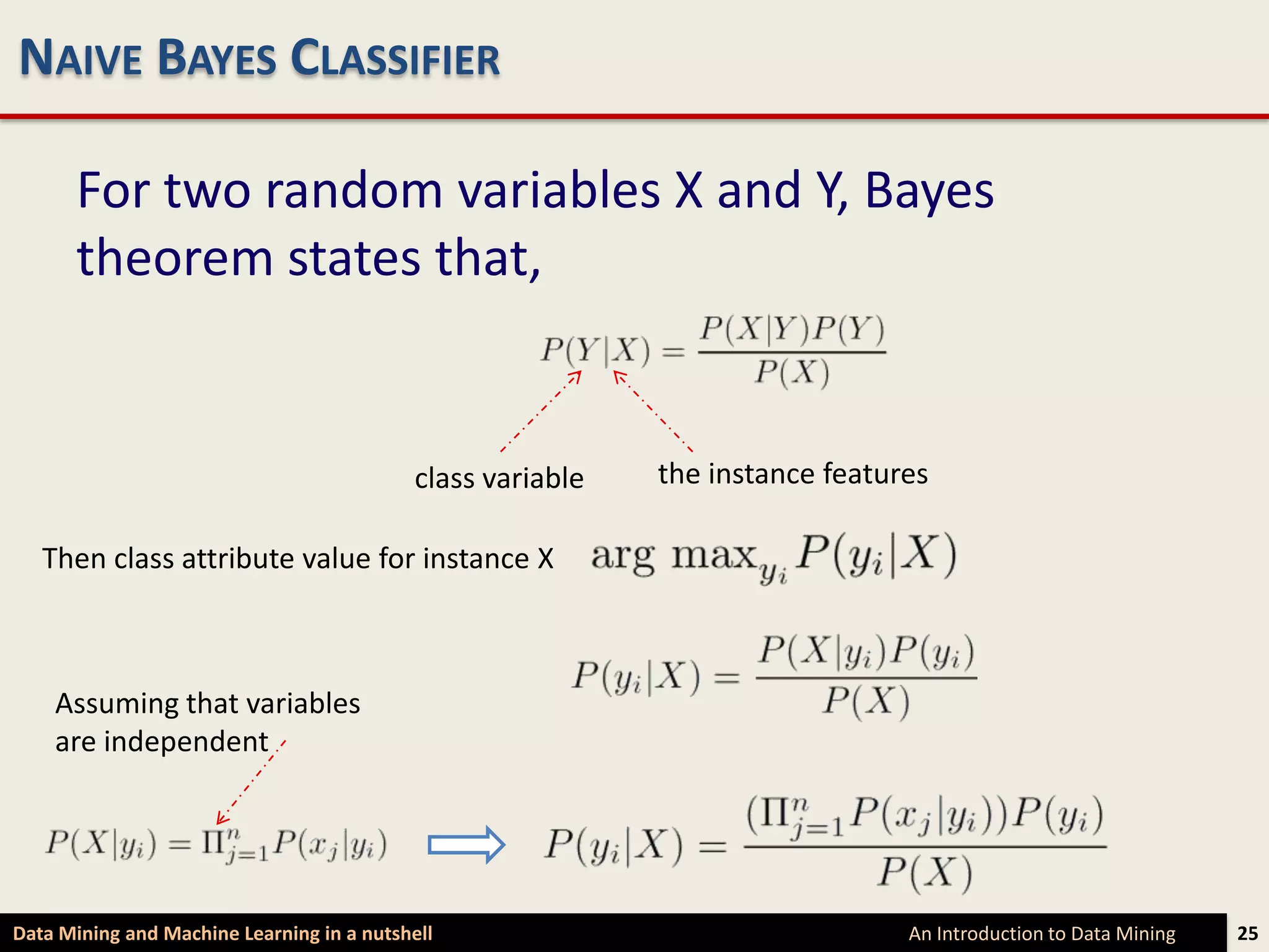 NAIVE BAYES CLASSIFIER

      For two random variables X and Y, Bayes
      theorem states that,


                                            class variable   the instance features

   Then class attribute value for instance X



    Assuming that variables
    are independent




Data Mining and Machine Learning in a nutshell                                  An Introduction to Data Mining   25
 