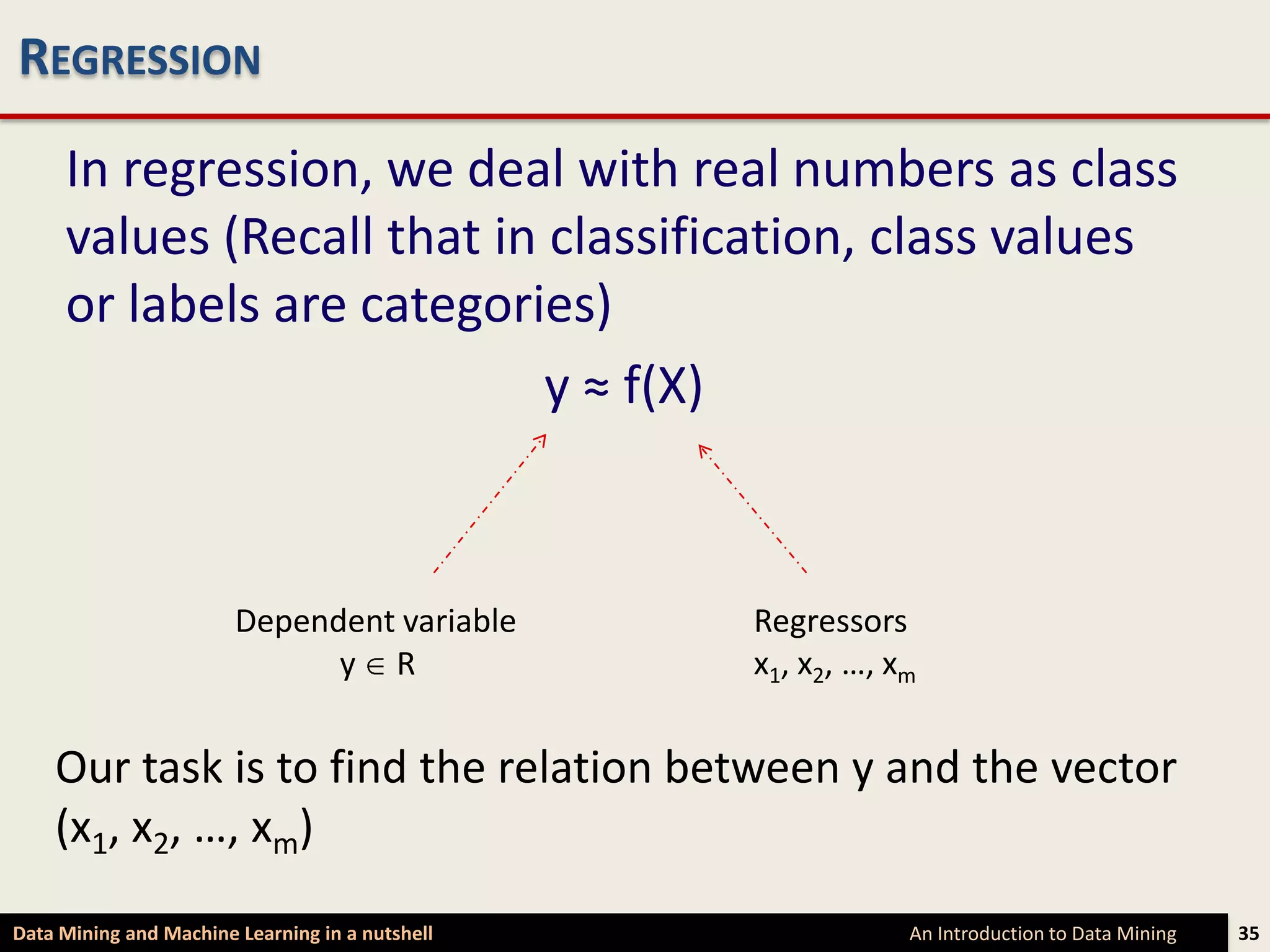 REGRESSION
     In regression, we deal with real numbers as class
     values (Recall that in classification, class values
     or labels are categories)
                            y ≈ f(X)



                        Dependent variable       Regressors
                              y R                x1, x2, …, xm


    Our task is to find the relation between y and the vector
    (x1, x2, …, xm)
Data Mining and Machine Learning in a nutshell               An Introduction to Data Mining   35
 
