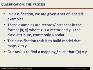 CLASSIFICATION: THE PROCESS

    • In classification, we are given a set of labeled
      examples
    • These examples are records/instances in the
      format (x, y) where x is a vector and y is the
      class attribute, commonly a scalar
    • The classification task is to build model that
      maps x to y
    • Our task is to find a mapping f such that f(x) = y


Data Mining and Machine Learning in a nutshell   An Introduction to Data Mining   16
 