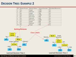 DECISION TREE: EXAMPLE 2




                                                 Class Labels




          Learned Decision Tree 1                               Learned Decision Tree 2
Data Mining and Machine Learning in a nutshell                        An Introduction to Data Mining   24
 