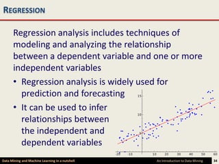 REGRESSION

      Regression analysis includes techniques of
      modeling and analyzing the relationship
      between a dependent variable and one or more
      independent variables
      • Regression analysis is widely used for
        prediction and forecasting
      • It can be used to infer
        relationships between
        the independent and
        dependent variables
Data Mining and Machine Learning in a nutshell   An Introduction to Data Mining   34
 