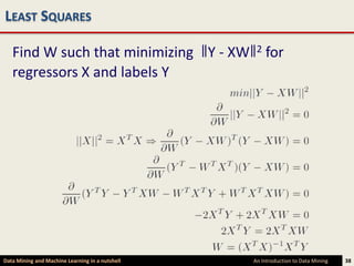 LEAST SQUARES

   Find W such that minimizing ǁY - XWǁ2 for
   regressors X and labels Y




Data Mining and Machine Learning in a nutshell   An Introduction to Data Mining   38
 