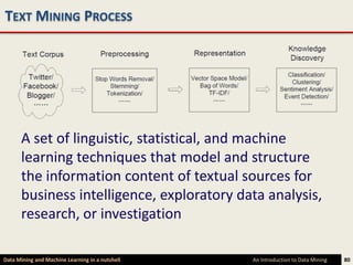 TEXT MINING PROCESS




      A set of linguistic, statistical, and machine
      learning techniques that model and structure
      the information content of textual sources for
      business intelligence, exploratory data analysis,
      research, or investigation

Data Mining and Machine Learning in a nutshell   An Introduction to Data Mining   80
 