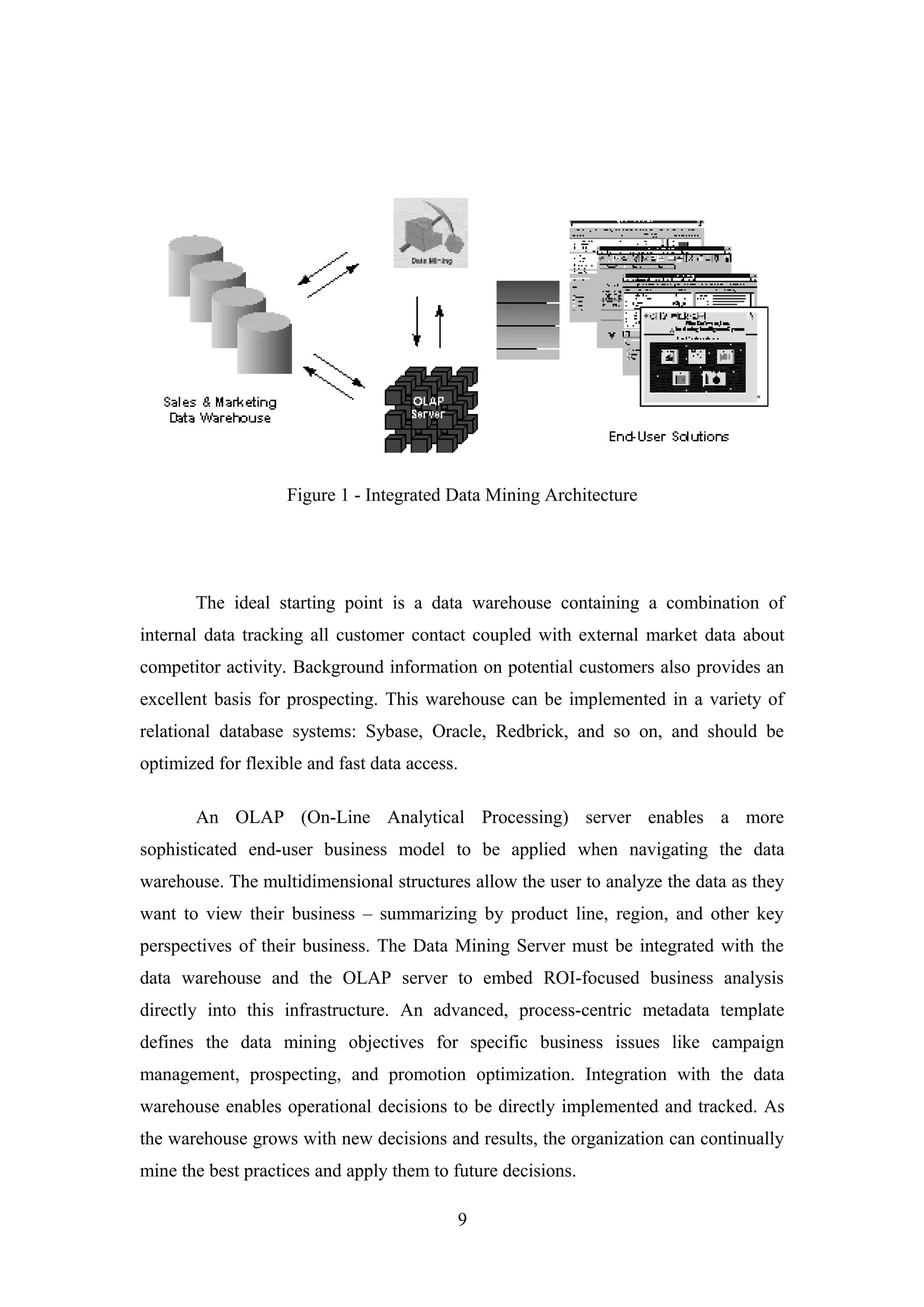 Figure 1 - Integrated Data Mining Architecture
The ideal starting point is a data warehouse containing a combination of
internal data tracking all customer contact coupled with external market data about
competitor activity. Background information on potential customers also provides an
excellent basis for prospecting. This warehouse can be implemented in a variety of
relational database systems: Sybase, Oracle, Redbrick, and so on, and should be
optimized for flexible and fast data access.
An OLAP (On-Line Analytical Processing) server enables a more
sophisticated end-user business model to be applied when navigating the data
warehouse. The multidimensional structures allow the user to analyze the data as they
want to view their business – summarizing by product line, region, and other key
perspectives of their business. The Data Mining Server must be integrated with the
data warehouse and the OLAP server to embed ROI-focused business analysis
directly into this infrastructure. An advanced, process-centric metadata template
defines the data mining objectives for specific business issues like campaign
management, prospecting, and promotion optimization. Integration with the data
warehouse enables operational decisions to be directly implemented and tracked. As
the warehouse grows with new decisions and results, the organization can continually
mine the best practices and apply them to future decisions.
9
 