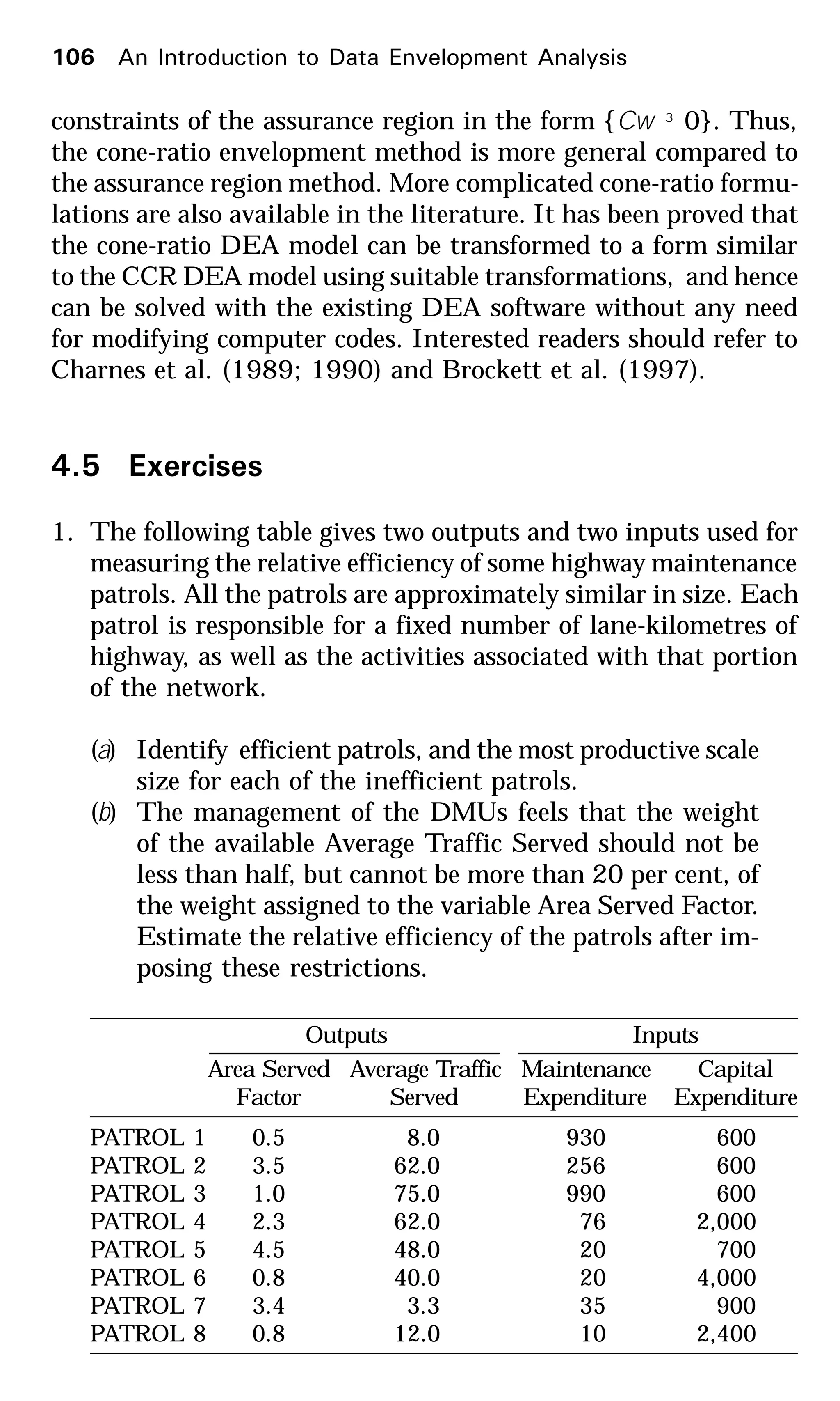 constraints of the assurance region in the form {Cw ³ 0}. Thus,
the cone-ratio envelopment method is more general compared to
the assurance region method. More complicated cone-ratio formu-
lations are also available in the literature. It has been proved that
the cone-ratio DEA model can be transformed to a form similar
to the CCR DEA model using suitable transformations, and hence
can be solved with the existing DEA software without any need
for modifying computer codes. Interested readers should refer to
Charnes et al. (1989; 1990) and Brockett et al. (1997).
4.5 Exercises
1. The following table gives two outputs and two inputs used for
measuring the relative efficiency of some highway maintenance
patrols. All the patrols are approximately similar in size. Each
patrol is responsible for a fixed number of lane-kilometres of
highway, as well as the activities associated with that portion
of the network.
(a) Identify efficient patrols, and the most productive scale
size for each of the inefficient patrols.
(b) The management of the DMUs feels that the weight
of the available Average Traffic Served should not be
less than half, but cannot be more than 20 per cent, of
the weight assigned to the variable Area Served Factor.
Estimate the relative efficiency of the patrols after im-
posing these restrictions.
Outputs Inputs
Area Served Average Traffic Maintenance Capital
Factor Served Expenditure Expenditure
PATROL 1 0.5 8.0 930 600
PATROL 2 3.5 62.0 256 600
PATROL 3 1.0 75.0 990 600
PATROL 4 2.3 62.0 76 2,000
PATROL 5 4.5 48.0 20 700
PATROL 6 0.8 40.0 20 4,000
PATROL 7 3.4 3.3 35 900
PATROL 8 0.8 12.0 10 2,400
106 An Introduction to Data Envelopment Analysis
 
