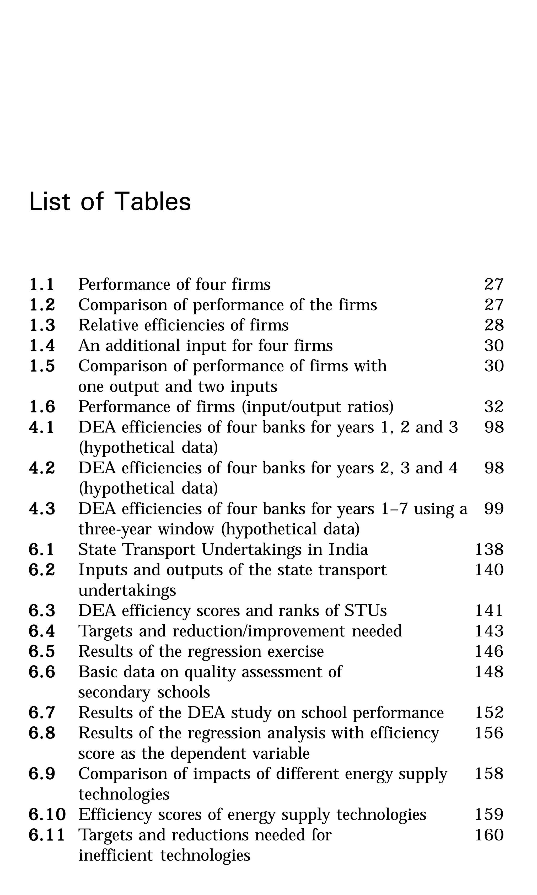 List of Tables
1.11.11.11.11.1 Performance of four firms 27
1.21.21.21.21.2 Comparison of performance of the firms 27
1.31.31.31.31.3 Relative efficiencies of firms 28
1.41.41.41.41.4 An additional input for four firms 30
1.51.51.51.51.5 Comparison of performance of firms with 30
one output and two inputs
1.61.61.61.61.6 Performance of firms (input/output ratios) 32
4.14.14.14.14.1 DEA efficiencies of four banks for years 1, 2 and 3 98
(hypothetical data)
4.24.24.24.24.2 DEA efficiencies of four banks for years 2, 3 and 4 98
(hypothetical data)
4.34.34.34.34.3 DEA efficiencies of four banks for years 1–7 using a 99
three-year window (hypothetical data)
6.16.16.16.16.1 State Transport Undertakings in India 138
6.26.26.26.26.2 Inputs and outputs of the state transport 140
undertakings
6.36.36.36.36.3 DEA efficiency scores and ranks of STUs 141
6.46.46.46.46.4 Targets and reduction/improvement needed 143
6.56.56.56.56.5 Results of the regression exercise 146
6.66.66.66.66.6 Basic data on quality assessment of 148
secondary schools
6.76.76.76.76.7 Results of the DEA study on school performance 152
6.86.86.86.86.8 Results of the regression analysis with efficiency 156
score as the dependent variable
6.96.96.96.96.9 Comparison of impacts of different energy supply 158
technologies
6.106.106.106.106.10 Efficiency scores of energy supply technologies 159
6.116.116.116.116.11 Targets and reductions needed for 160
inefficient technologies
 