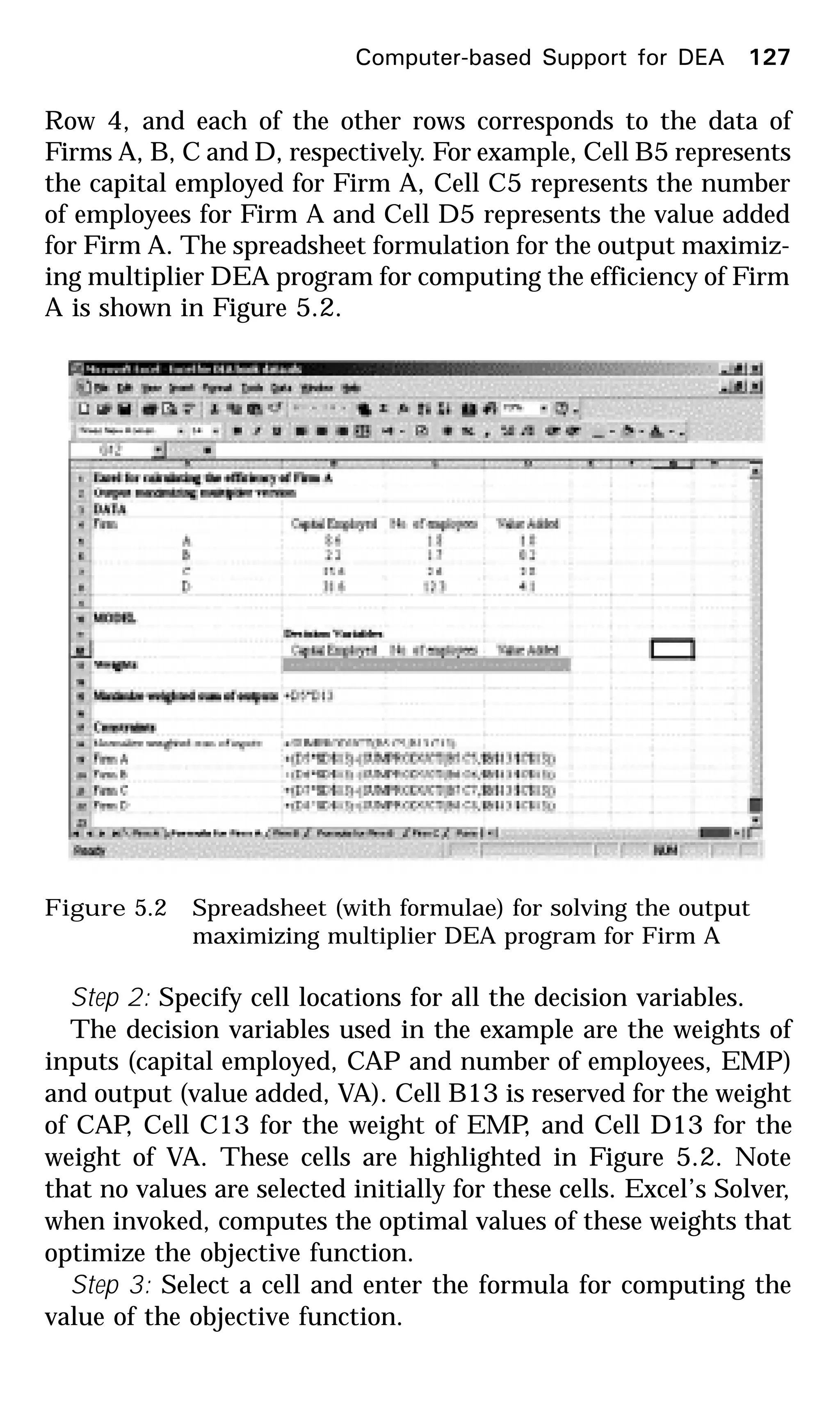 Row 4, and each of the other rows corresponds to the data of
Firms A, B, C and D, respectively. For example, Cell B5 represents
the capital employed for Firm A, Cell C5 represents the number
of employees for Firm A and Cell D5 represents the value added
for Firm A. The spreadsheet formulation for the output maximiz-
ing multiplier DEA program for computing the efficiency of Firm
A is shown in Figure 5.2.
Figure 5.2 Spreadsheet (with formulae) for solving the output
maximizing multiplier DEA program for Firm A
Step 2: Specify cell locations for all the decision variables.
The decision variables used in the example are the weights of
inputs (capital employed, CAP and number of employees, EMP)
and output (value added, VA). Cell B13 is reserved for the weight
of CAP, Cell C13 for the weight of EMP, and Cell D13 for the
weight of VA. These cells are highlighted in Figure 5.2. Note
that no values are selected initially for these cells. Excel’s Solver,
when invoked, computes the optimal values of these weights that
optimize the objective function.
Step 3: Select a cell and enter the formula for computing the
value of the objective function.
Computer-based Support for DEA 127
 