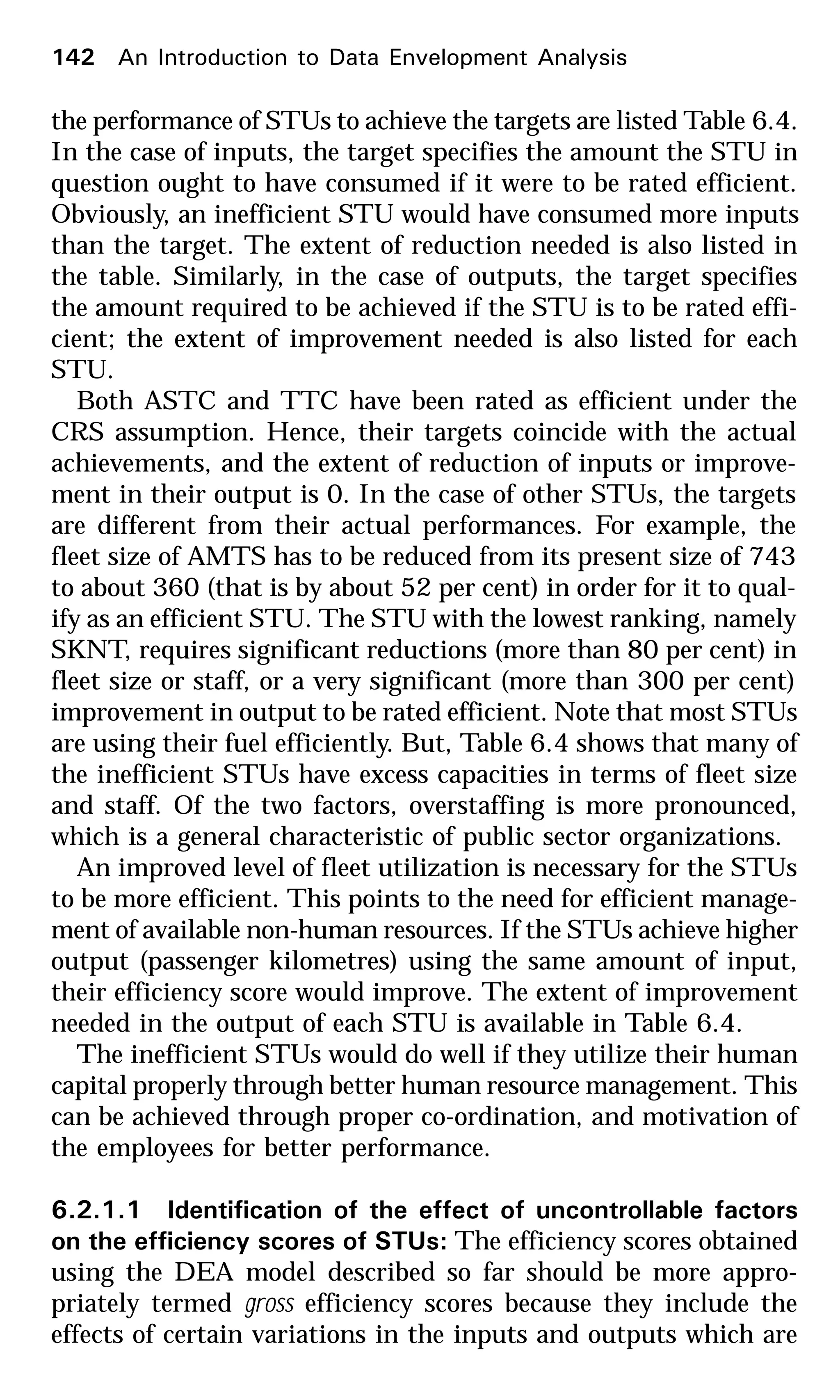 the performance of STUs to achieve the targets are listed Table 6.4.
In the case of inputs, the target specifies the amount the STU in
question ought to have consumed if it were to be rated efficient.
Obviously, an inefficient STU would have consumed more inputs
than the target. The extent of reduction needed is also listed in
the table. Similarly, in the case of outputs, the target specifies
the amount required to be achieved if the STU is to be rated effi-
cient; the extent of improvement needed is also listed for each
STU.
Both ASTC and TTC have been rated as efficient under the
CRS assumption. Hence, their targets coincide with the actual
achievements, and the extent of reduction of inputs or improve-
ment in their output is 0. In the case of other STUs, the targets
are different from their actual performances. For example, the
fleet size of AMTS has to be reduced from its present size of 743
to about 360 (that is by about 52 per cent) in order for it to qual-
ify as an efficient STU. The STU with the lowest ranking, namely
SKNT, requires significant reductions (more than 80 per cent) in
fleet size or staff, or a very significant (more than 300 per cent)
improvement in output to be rated efficient. Note that most STUs
are using their fuel efficiently. But, Table 6.4 shows that many of
the inefficient STUs have excess capacities in terms of fleet size
and staff. Of the two factors, overstaffing is more pronounced,
which is a general characteristic of public sector organizations.
An improved level of fleet utilization is necessary for the STUs
to be more efficient. This points to the need for efficient manage-
ment of available non-human resources. If the STUs achieve higher
output (passenger kilometres) using the same amount of input,
their efficiency score would improve. The extent of improvement
needed in the output of each STU is available in Table 6.4.
The inefficient STUs would do well if they utilize their human
capital properly through better human resource management. This
can be achieved through proper co-ordination, and motivation of
the employees for better performance.
6.2.1.1 Identification of the effect of uncontrollable factors
on the efficiency scores of STUs: The efficiency scores obtained
using the DEA model described so far should be more appro-
priately termed gross efficiency scores because they include the
effects of certain variations in the inputs and outputs which are
142 An Introduction to Data Envelopment Analysis
 
