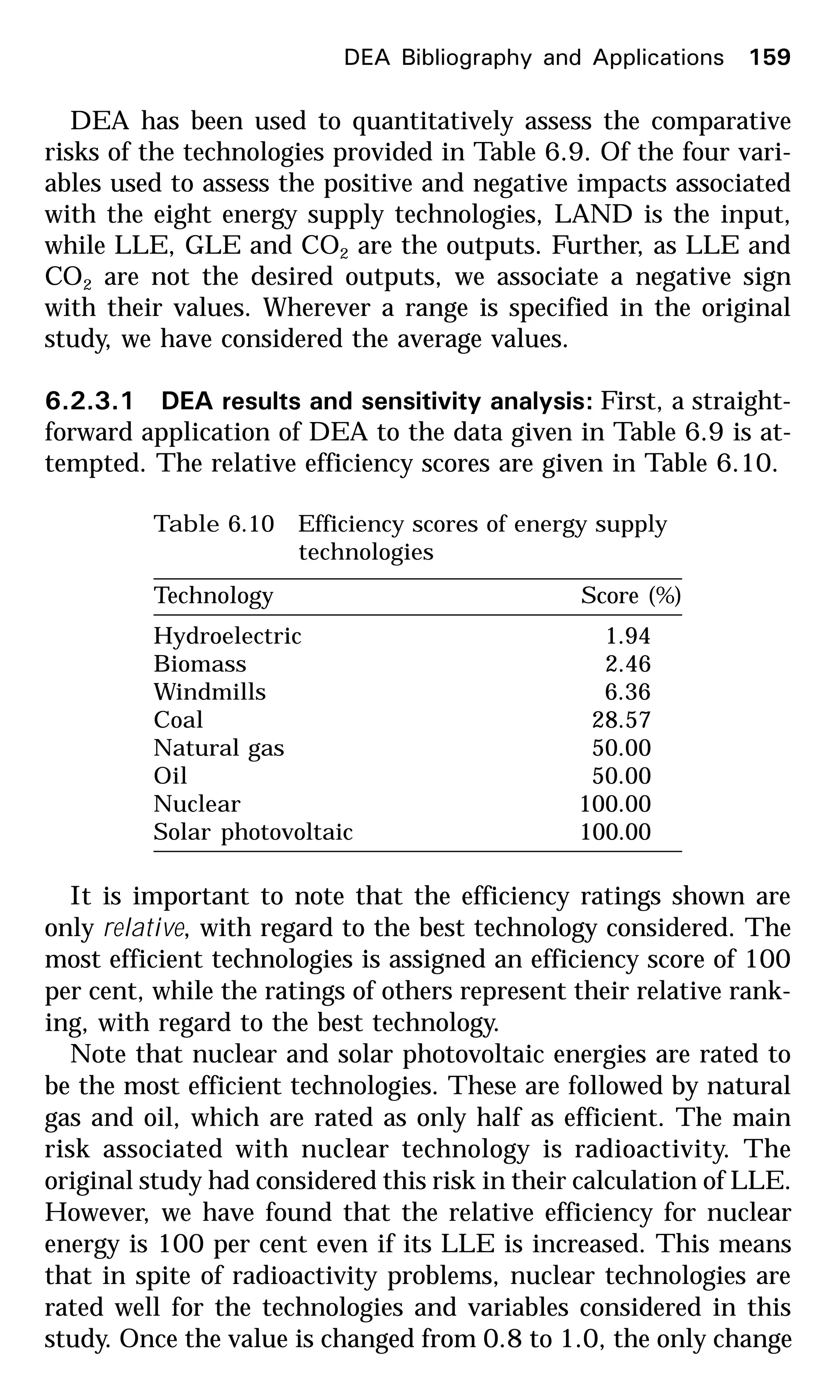 DEA has been used to quantitatively assess the comparative
risks of the technologies provided in Table 6.9. Of the four vari-
ables used to assess the positive and negative impacts associated
with the eight energy supply technologies, LAND is the input,
while LLE, GLE and CO2 are the outputs. Further, as LLE and
CO2 are not the desired outputs, we associate a negative sign
with their values. Wherever a range is specified in the original
study, we have considered the average values.
6.2.3.1 DEA results and sensitivity analysis: First, a straight-
forward application of DEA to the data given in Table 6.9 is at-
tempted. The relative efficiency scores are given in Table 6.10.
Table 6.10 Efficiency scores of energy supply
technologies
Technology Score (%)
Hydroelectric 1.94
Biomass 2.46
Windmills 6.36
Coal 28.57
Natural gas 50.00
Oil 50.00
Nuclear 100.00
Solar photovoltaic 100.00
It is important to note that the efficiency ratings shown are
only relative, with regard to the best technology considered. The
most efficient technologies is assigned an efficiency score of 100
per cent, while the ratings of others represent their relative rank-
ing, with regard to the best technology.
Note that nuclear and solar photovoltaic energies are rated to
be the most efficient technologies. These are followed by natural
gas and oil, which are rated as only half as efficient. The main
risk associated with nuclear technology is radioactivity. The
original study had considered this risk in their calculation of LLE.
However, we have found that the relative efficiency for nuclear
energy is 100 per cent even if its LLE is increased. This means
that in spite of radioactivity problems, nuclear technologies are
rated well for the technologies and variables considered in this
study. Once the value is changed from 0.8 to 1.0, the only change
DEA Bibliography and Applications 159
 