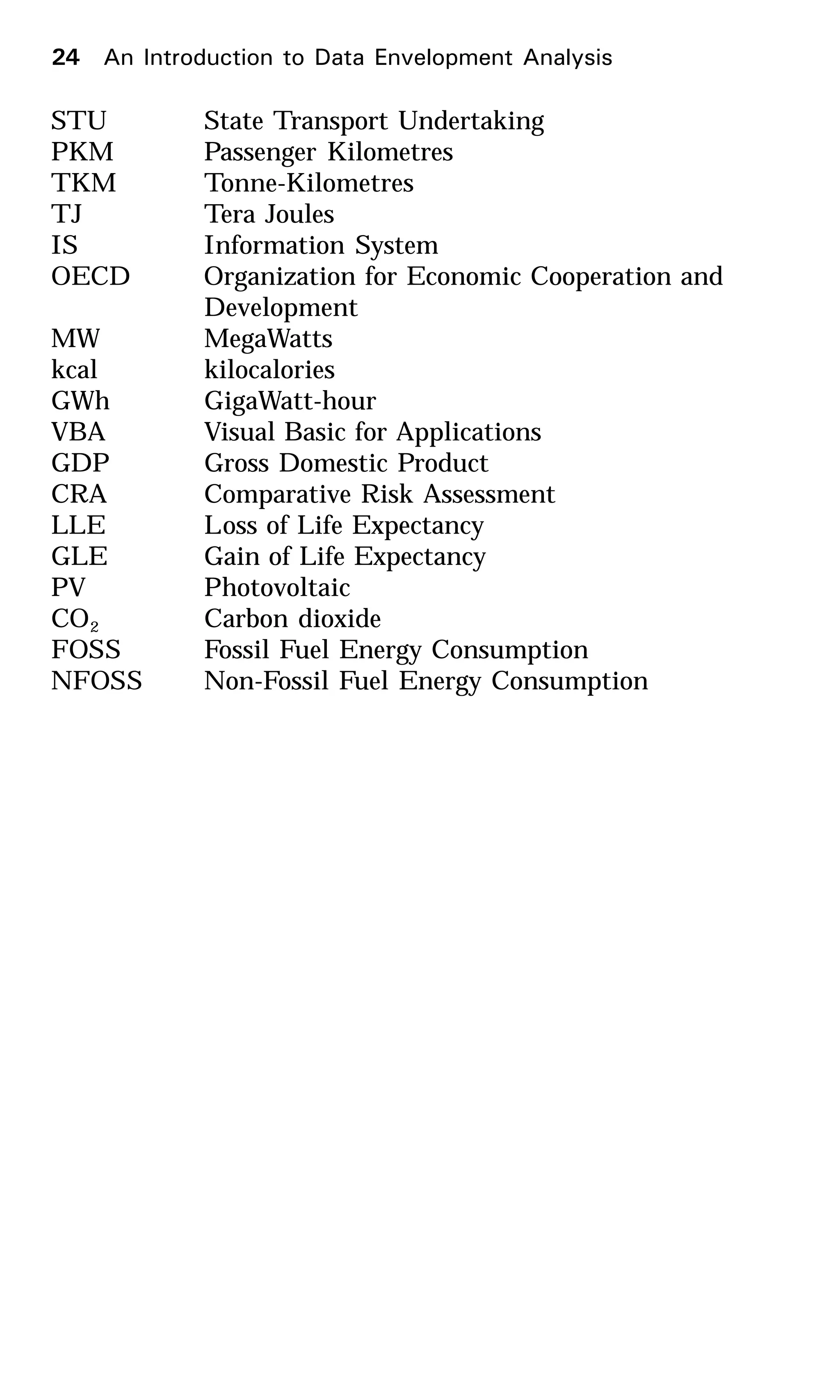 STU State Transport Undertaking
PKM Passenger Kilometres
TKM Tonne-Kilometres
TJ Tera Joules
IS Information System
OECD Organization for Economic Cooperation and
Development
MW MegaWatts
kcal kilocalories
GWh GigaWatt-hour
VBA Visual Basic for Applications
GDP Gross Domestic Product
CRA Comparative Risk Assessment
LLE Loss of Life Expectancy
GLE Gain of Life Expectancy
PV Photovoltaic
CO2 Carbon dioxide
FOSS Fossil Fuel Energy Consumption
NFOSS Non-Fossil Fuel Energy Consumption
24 An Introduction to Data Envelopment Analysis
 