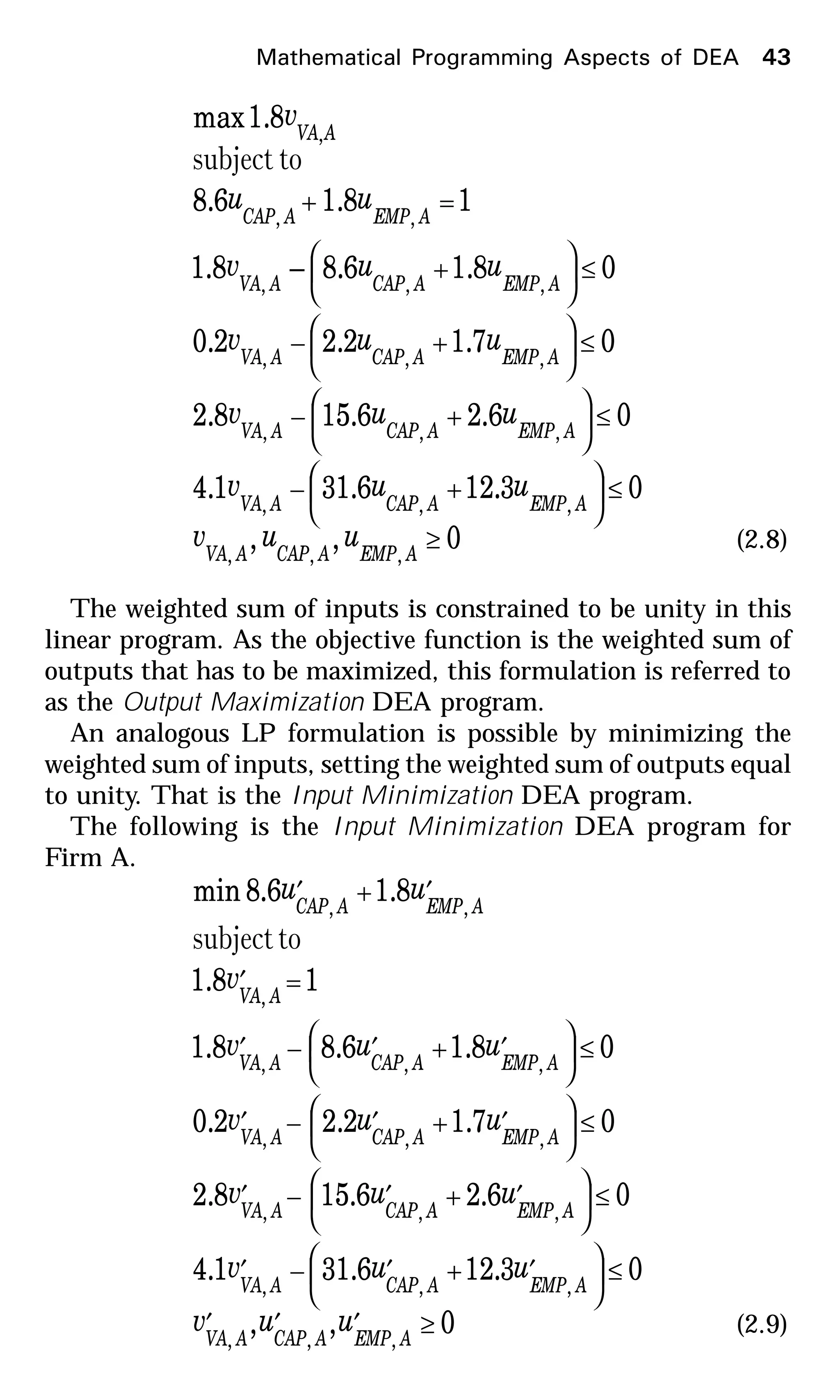 Mathematical Programming Aspects of DEA 43
0,,
03.126.311.4
06.26.158.2
07.12.22.0
08.16.8–8.1
18.16.8
8.1max
,,,
,,,
,,,
,,,
,,,
,,
,
≥
≤





+−
≤





+−
≤





+−
≤





+
=+
AEMPACAPAVA
AEMPACAPAVA
AEMPACAPAVA
AEMPACAPAVA
AEMPACAPAVA
AEMPACAP
AVA
uuv
uuv
uuv
uuv
uuv
uu
v
tosubject
(2.8)
The weighted sum of inputs is constrained to be unity in this
linear program. As the objective function is the weighted sum of
outputs that has to be maximized, this formulation is referred to
as the Output Maximization DEA program.
An analogous LP formulation is possible by minimizing the
weighted sum of inputs, setting the weighted sum of outputs equal
to unity. That is the Input Minimization DEA program.
The following is the Input Minimization DEA program for
Firm A.
0,,
03.126.311.4
06.26.158.2
07.12.22.0
08.16.88.1
18.1
8.16.8min
,,,
,,,
,,,
,,,
,,,
,
,,
≥′′′
≤




 ′+′−′
≤




 ′+′−′
≤




 ′+′−′
≤




 ′+′−′
=′
′+′
AEMPACAPAVA
AEMPACAPAVA
AEMPACAPAVA
AEMPACAPAVA
AEMPACAPAVA
AVA
AEMPACAP
uuv
uuv
uuv
uuv
uuv
v
uu
tosubject
(2.9)
 