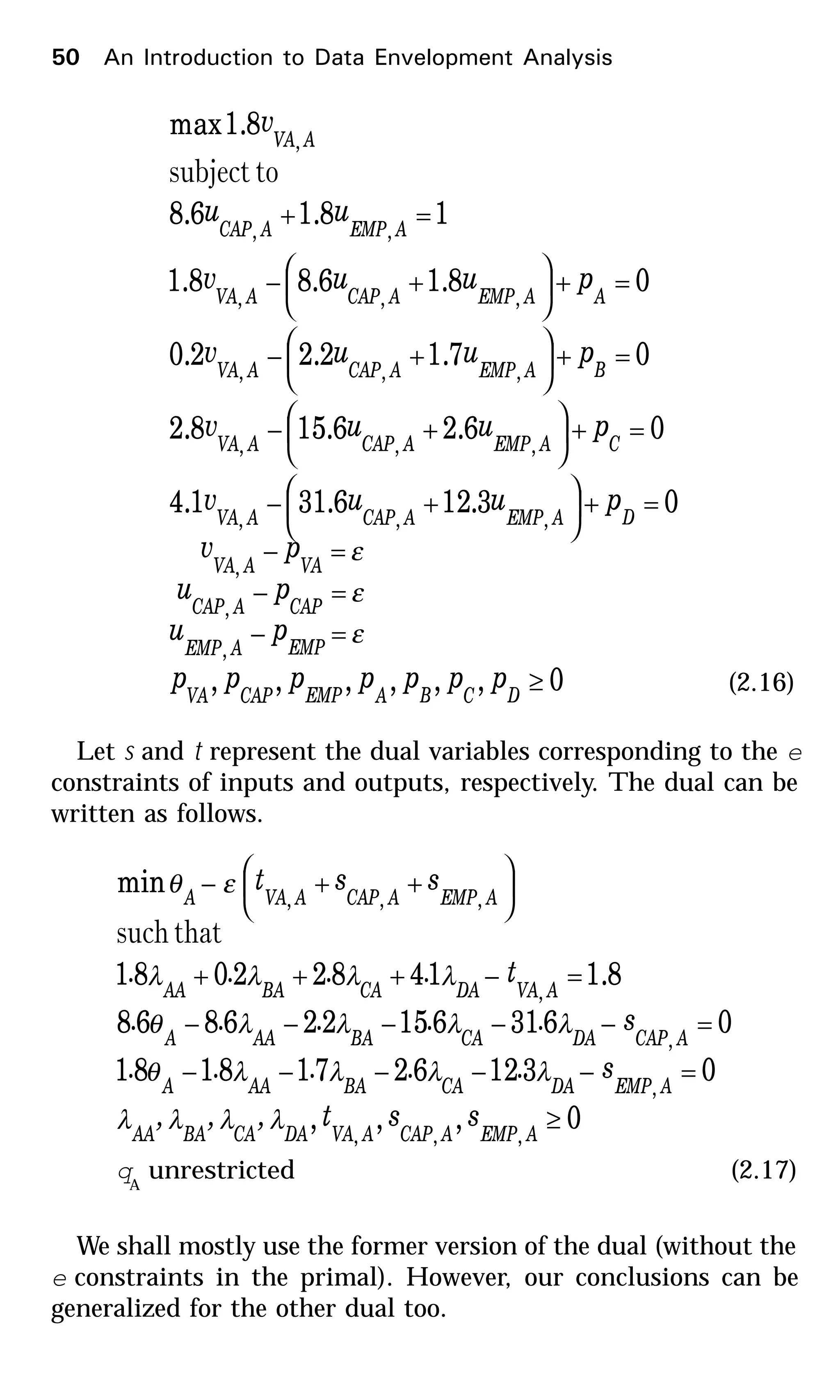 0,,,,,,
03.126.311.4
06.26.158.2
07.12.22.0
08.16.88.1
18.16.8
8.1max
,
,
,
,,,
,,,
,,,
,,,
,,
,
≥
=−
=−
=−
=+





+−
=+





+−
=+





+−
=+





+−
=+
DCBAEMPCAPVA
EMPAEMP
CAPACAP
VAAVA
DAEMPACAPAVA
CAEMPACAPAVA
BAEMPACAPAVA
AAEMPACAPAVA
AEMPACAP
AVA
ppppppp
pu
pu
pv
puuv
puuv
puuv
puuv
uu
v
ε
ε
ε
tosubject
(2.16)
Let s and t represent the dual variables corresponding to the e
constraints of inputs and outputs, respectively. The dual can be
written as follows.
0,,,
031262718181
0631615226868
8.114822081
min
,,,
,
,
,
,,,
AEMPACAPAVADACABAAA
AEMPDACABAAAA
ACAPDACABAAAA
AVADACABAAA
AEMPACAPAVAA
sst,,,
s.....
s.....
t....
sst
λλλλ
λλλλθ
λλλλθ
λλλλ
εθ
≥
=−−−−−
=−−−−−
=−+++






++−
thatsuch
qA
unrestricted (2.17)
We shall mostly use the former version of the dual (without the
e constraints in the primal). However, our conclusions can be
generalized for the other dual too.
50 An Introduction to Data Envelopment Analysis
 