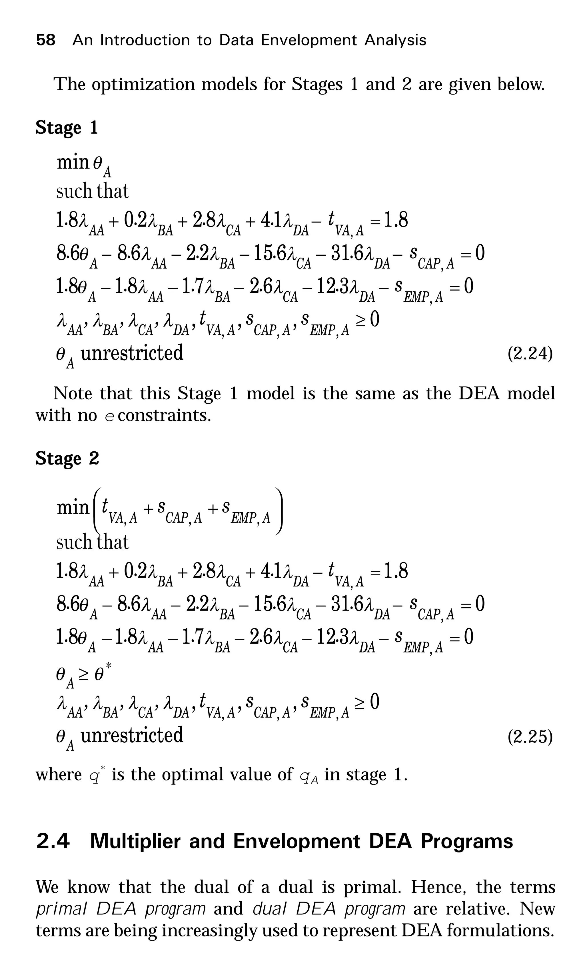 The optimization models for Stages 1 and 2 are given below.
Stage 1Stage 1Stage 1Stage 1Stage 1
edunrestrict
0,,,
031262718181
0631615226868
8.114822081
min
,,,
,
,
,
A
AEMPACAPAVADACABAAA
AEMPDACABAAAA
ACAPDACABAAAA
AVADACABAAA
A
sst,,,
s.....
s.....
t....
θ
λλλλ
λλλλθ
λλλλθ
λλλλ
θ
≥
=−−−−−
=−−−−−
=−+++
thatsuch
(2.24)
Note that this Stage 1 model is the same as the DEA model
with no e constraints.
Stage 2Stage 2Stage 2Stage 2Stage 2
edunrestrict
0,,,
031262718181
0631615226868
8.114822081
min
,,,
*
,
,
,
,,,
A
AEMPACAPAVADACABAAA
A
AEMPDACABAAAA
ACAPDACABAAAA
AVADACABAAA
AEMPACAPAVA
sst,,,
s.....
s.....
t....
sst
θ
λλλλ
θθ
λλλλθ
λλλλθ
λλλλ
≥
≥
=−−−−−
=−−−−−
=−+++






++
thatsuch
(2.25)
where q*
is the optimal value of qA in stage 1.
2.4 Multiplier and Envelopment DEA Programs
We know that the dual of a dual is primal. Hence, the terms
primal DEA program and dual DEA program are relative. New
terms are being increasingly used to represent DEA formulations.
58 An Introduction to Data Envelopment Analysis
 