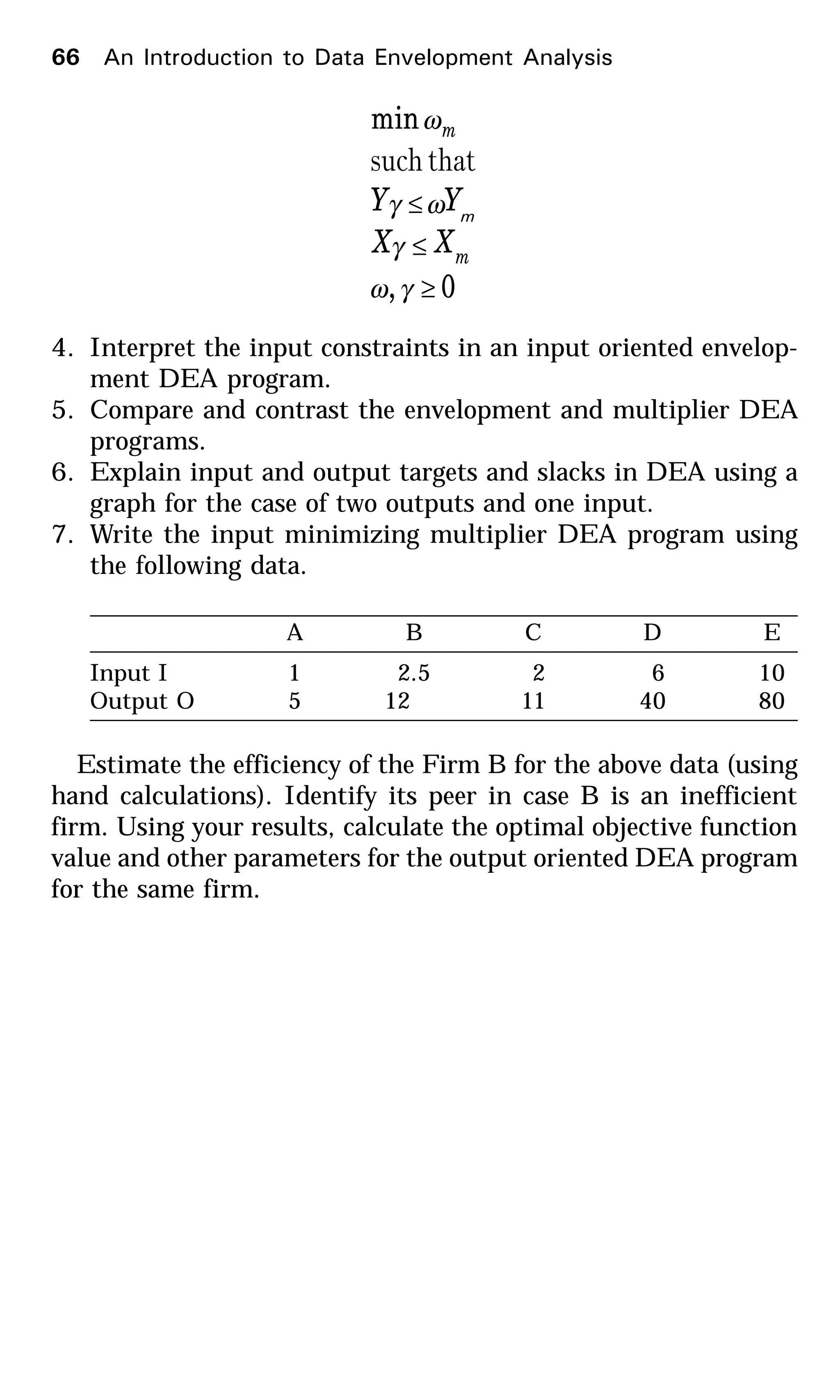0,
min
≥
≤
≤
γω
γ
ωγ
ω
m
m
XX
YY m
thatsuch
4. Interpret the input constraints in an input oriented envelop-
ment DEA program.
5. Compare and contrast the envelopment and multiplier DEA
programs.
6. Explain input and output targets and slacks in DEA using a
graph for the case of two outputs and one input.
7. Write the input minimizing multiplier DEA program using
the following data.
A B C D E
Input I 1 2.5 2 6 10
Output O 5 12.50 11 40 80
Estimate the efficiency of the Firm B for the above data (using
hand calculations). Identify its peer in case B is an inefficient
firm. Using your results, calculate the optimal objective function
value and other parameters for the output oriented DEA program
for the same firm.
66 An Introduction to Data Envelopment Analysis
 