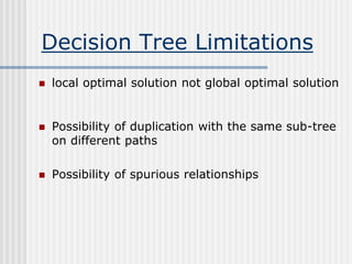Decision Tree Limitations
 local optimal solution not global optimal solution
 Possibility of duplication with the same sub-tree
on different paths
 Possibility of spurious relationships
 