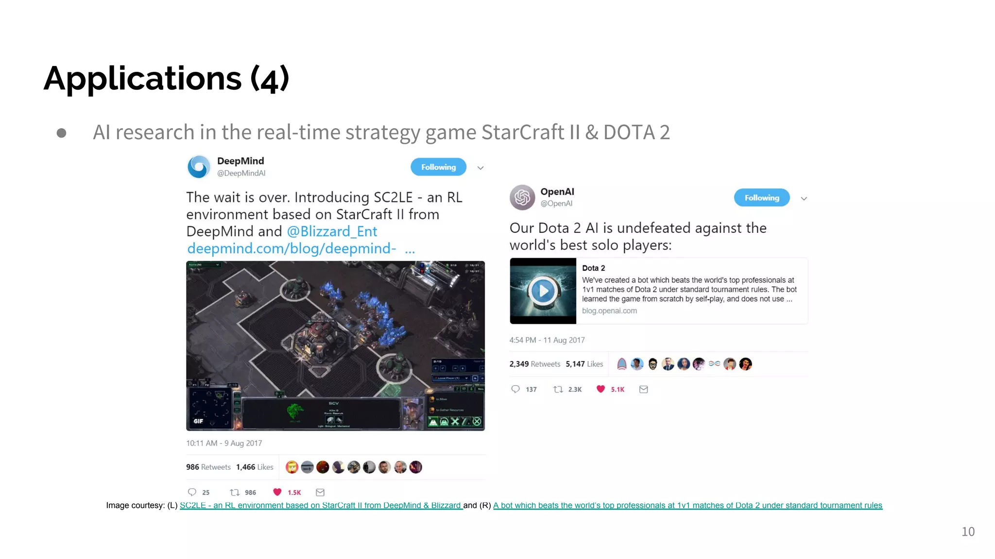 Applications (4)
● AI research in the real-time strategy game StarCraft II & DOTA 2
10
Image courtesy: (L) SC2LE - an RL environment based on StarCraft II from DeepMind & Blizzard and (R) A bot which beats the world’s top professionals at 1v1 matches of Dota 2 under standard tournament rules
 
