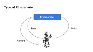 Typical RL scenario
13
Environment
Agent
ActionState
Reward
 