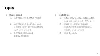 Types
18
● Model based
1. Agent knows the MDP model
2. Agent uses it to (offline) plan
actions before any interactions
with environment
3. Eg: Value-iteration &
policy-iteration
● Model Free
1. Initial knowledge about possible
state-actions but not MDP model
2. Improves (online) through
learning from the interactions
with the environment
3. Eg: Q-Learning
 