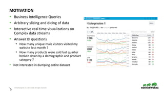 5 © Hortonworks Inc. 2011–2018. All rights reserved
5
MOTIVATION
• Business Intelligence Queries
• Arbitrary slicing and dicing of data
• Interactive real time visualizations on
Complex data streams
• Answer BI questions
• How many unique male visitors visited my
website last month ?
• How many products were sold last quarter
broken down by a demographic and product
category ?
• Not interested in dumping entire dataset
 