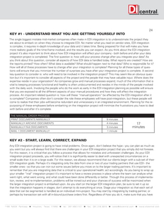 24
      KEY #1 - UNDERSTAND WHAT YOU ARE GETTING YOURSELF INTO
     The single biggest mistake mid-market companies often make in EDI integration is to underestimate the project they
     are about to embark on when they choose to integrate EDI. No matter what you read on vendor sites, EDI integration
     is complex; it requires in-depth knowledge of your data and it takes time. Being prepared for that will make you have
     more realistic goals of the time-frame involved, and the results you can expect. As you think about the EDI integration
     project it’s also important to think about how EDI integration will affect your company - both before and after your data
     integration project is completed. The first question is: how will your process change after you integrate your data? As
     you think about this question, consider all aspects of how EDI data is handled today. What reports are created? How are
     the reports printed? How often? What data is available? What should happen next to that data? Who is responsible for it?
     How will all of these processes have to change after your integration is complete? Planning for all these types of ques-
     tions will ensure that you minimize the number of surprises you have after your integration project is complete. A second
     key question to consider is: who will need to be involved in the integration project? This may seem like an obvious ques-
     tion but it’s important to consider all aspects of the project and the people that may have valuable input. Where does the
     expertise reside in your organization? As companies grow and manual processes expand, much of the information that is
     vital to keeping processes functional and healthy is often undocumented and resides in the minds of the people involved
     with the daily work. Involving the people who do the work as early in the EDI integration planning as possible will ensure
     that you are exposed to all the different aspects of your manual procedures and how they will affect the integration
     process. An important related question is: how will these “manual operators” be affected by the EDI integration after it
     is complete? Companies often don’t consider the role these employees will have post-integration, but these people will
     come to realize that their jobs will become redundant and unnecessary in an integrated environment. Planning for the re-
     purposing of these employees before embarking on the integration project will minimize the frustrations you have to deal
     with before and after it’s complete.

       THE MANUAL ORDER PROCESS
       PRINT DOCUMENTS MANUALLY                                                                                                   9 minutes
       MANUALLY ARCHIVE DOCUMENTS                                                                                                4 minutes                          17
       MANUALLY FAX DOCUMENTS                                                                                                     3 minutes                       minutes
       MAIL 1 DOCUMENT MANUALLY                                                                                                   1 minute


      KEY #2 - START, LEARN, CORRECT, EXPAND
      Any EDI integration project is going to have initial problems. Once again, don’t believe the hype - you can plan as much as
      you want but you will always find that there are challenges in your EDI integration project that you simply did not foresee.
      For this reason, it is critical that you follow a process that allows for mistakes and unforeseen challenges. As your EDI
      integration project proceeds, you will notice that it is significantly easier to deal with unexpected circumstances on a
      small scale than it is on a large scale. For this reason, we always recommend that our clients begin with a sub-set of their
      EDI integration goals. Perhaps it’s integrating only the data from one or two of your trading partners that use EDI - the
      smaller ones - so that you can iron out some issues before you move on to the larger trading partners. It’s important to
      remember that you are integrating data that is critical to your operational health; act accordingly. As you being to wrap up
      your smaller “trial” integration project it’s important to have a review process in place where the team can analyze what
      went right, what went wrong, and what could have been done differently or better. Through this process of implementa-
      tion, review, and re-implementation, problems will be ironed out and your chances of success will be maximized when
      the larger integration project is embarked upon. As you start on the larger EDI integration plan, be sure to set it up so
      that the integration happens in stages; don’t attempt to do everything at once. Stage your integration so that each set of
      data that can be segmented is handled as an individual mini-project. You may start by integrating by trading partner, or
      perhaps by transaction set with all in-bound purchase orders first. Regardless of how you do it, make sure that you have



119 9 N A S A P a r k w a y  H o u s t o n , Tex a s 7 7 0 5 8  t e l : 2 8 1. 4 8 0 .1121  f a x : 2 8 1. 218 . 4 8 10  s a l e s @ d i c e n t r a l . c o m  w w w. d i c e n t r a l . c o m
 