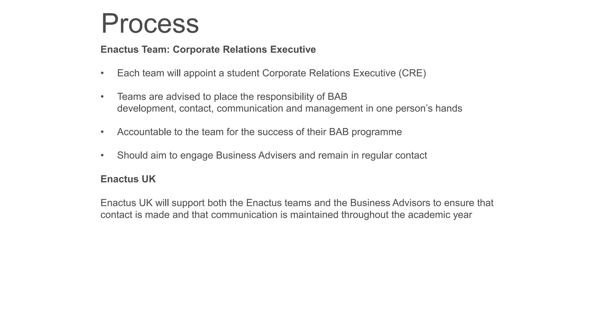 Process
Enactus Team: Corporate Relations Executive
•

Each team will appoint a student Corporate Relations Executive (CRE)

•

Teams are advised to place the responsibility of BAB
development, contact, communication and management in one person’s hands

•

Accountable to the team for the success of their BAB programme

•

Should aim to engage Business Advisers and remain in regular contact

Enactus UK
Enactus UK will support both the Enactus teams and the Business Advisors to ensure that
contact is made and that communication is maintained throughout the academic year

 