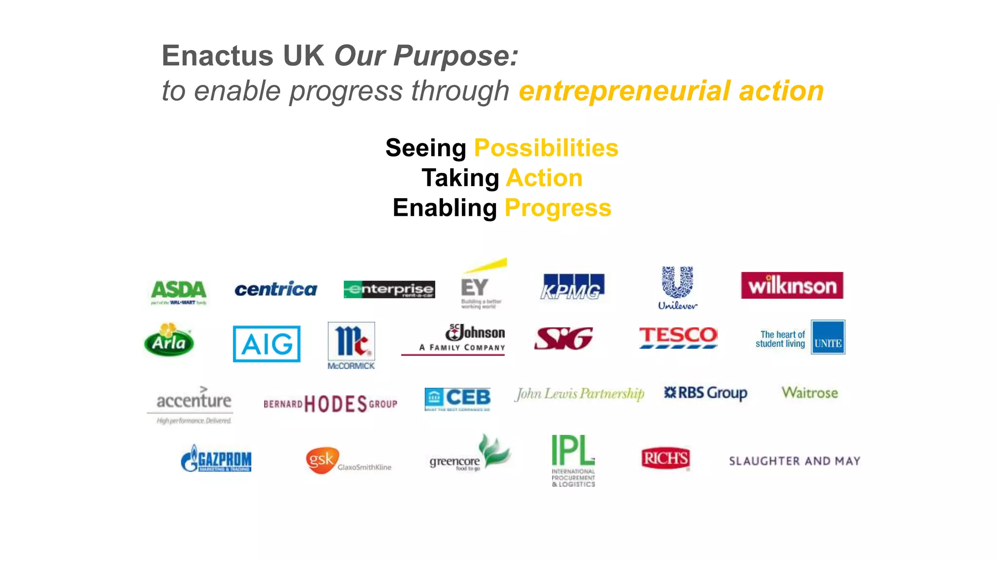 Enactus UK Our Purpose:
to enable progress through entrepreneurial action
Seeing Possibilities
Taking Action
Enabling Progress

 