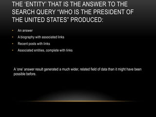 THE „ENTITY‟ THAT IS THE ANSWER TO THE
SEARCH QUERY “WHO IS THE PRESIDENT OF
THE UNITED STATES” PRODUCED:
• An answer
• A biography with associated links
• Recent posts with links
• Associated entities, complete with links
A „one‟ answer result generated a much wider, related field of data than it might have been
possible before.
 