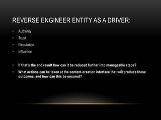 REVERSE ENGINEER ENTITY AS A DRIVER:
• Authority
• Trust
• Reputation
• Influence
• If that’s the end result how can it be reduced further into manageable steps?
• What actions can be taken at the content-creation interface that will produce these
outcomes, and how can this be ensured?
 