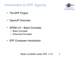 Made available under EPL v1.0 1
Introduction to EPF Agenda
• The EPF Project
• OpenUP Overview
• SPEM 2.0 – Basic Concepts
– Basic Concepts
– Advanced Concepts
• EPF Composer Introduction
 