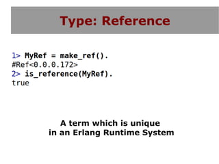 Type: Reference




   A term which is unique
in an Erlang Runtime System
 