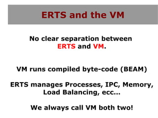 ERTS and the VM

    No clear separation between
            ERTS and VM.


 VM runs compiled byte-code (BEAM)

ERTS manages Processes, IPC, Memory,
       Load Balancing, ecc...

     We always call VM both two!
 