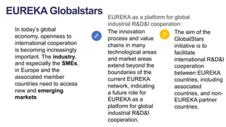 The innovation
process and value
chains in many
technological areas
and market areas
extend beyond the
boundaries of the
current EUREKA
network, indicating
a future role for
EUREKA as a
platform for global
industrial R&D&I
cooperation.
The aim of the
GlobalStars
initiative is to
facilitate
international R&D&I
cooperation
between EUREKA
countries, including
associated
countries, and non-
EUREKA partner
countries.
In today’s global
economy, openness to
international cooperation
is becoming increasingly
important. The industry,
and especially the SMEs,
in Europe and the
associated member
countries need to access
new and emerging
markets
EUREKA as a platform for global
industrial R&D&I cooperation:
EUREKA Globalstars
 