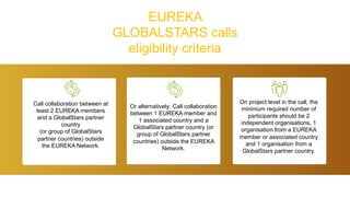 EUREKA
GLOBALSTARS calls
eligibility criteria
Or alternatively: Call collaboration
between 1 EUREKA member and
1 associated country and a
GlobalStars partner country (or
group of GlobalStars partner
countries) outside the EUREKA
Network.
Call collaboration between at
least 2 EUREKA members
and a GlobalStars partner
country
(or group of GlobalStars
partner countries) outside
the EUREKA Network.
On project level in the call, the
minimum required number of
participants should be 2
independent organisations, 1
organisation from a EUREKA
member or associated country
and 1 organisation from a
GlobalStars partner country.
 
