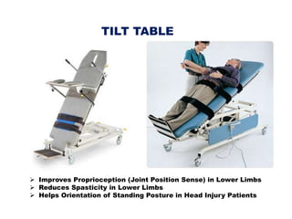 TILT TABLE
 Improves Proprioception (Joint Position Sense) in Lower Limbs
 Reduces Spasticity in Lower Limbs
 Helps Orientation of Standing Posture in Head Injury Patients
 
