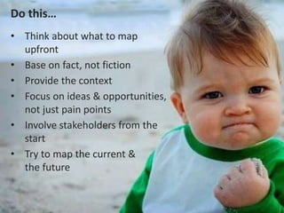 At each stage of the persona’s journey…
What does he/she do & how?
What does he/she need?
What are their experiences?
What does the business want them to do?
What are the pain points?
What are the opportunities?
• Create a gazillion experience maps
• Include too much detail
Don’t do this…
• Think about what to map
upfront
• Base on fact, not fiction
• Provide the context
• Focus on ideas & opportunities,
not just pain points
• Involve stakeholders from the
start
• Try to map the current &
the future
Do this…
 