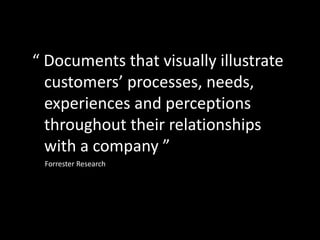 “ Documents that visually illustrate
customers’ processes, needs,
experiences and perceptions
throughout their relationships
with a company ”
Forrester Research
 