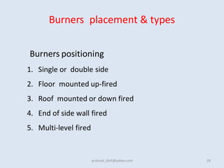 Burners placement & types
Burners positioning
1. Single or double side
2. Floor mounted up-fired
3. Roof mounted or down fired
4. End of side wall fired
5. Multi-level fired
28
pramod_dixit@yahoo.com
 